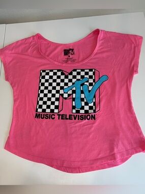 MTV Hot Pink Tee with Black & White Checker Graphic